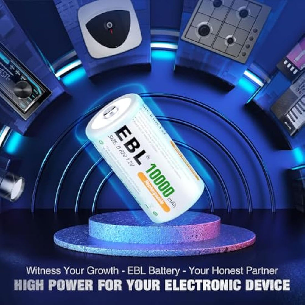 EBL D Cell Rechargeable Batteries | 10000mAh NiMH 6-Pack with Case