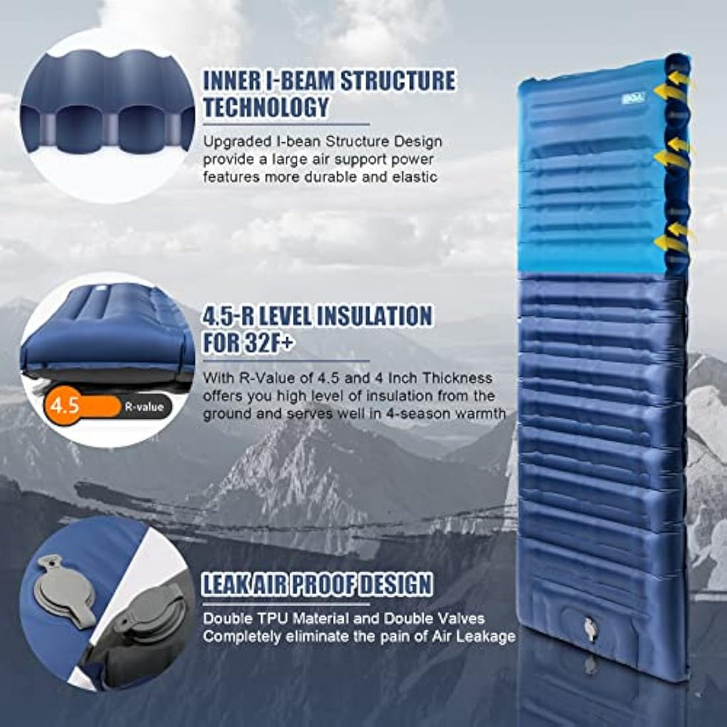 BQA Inflatable Sleeping Pad – 10cm Thick Ultralight Camping Air Mattress