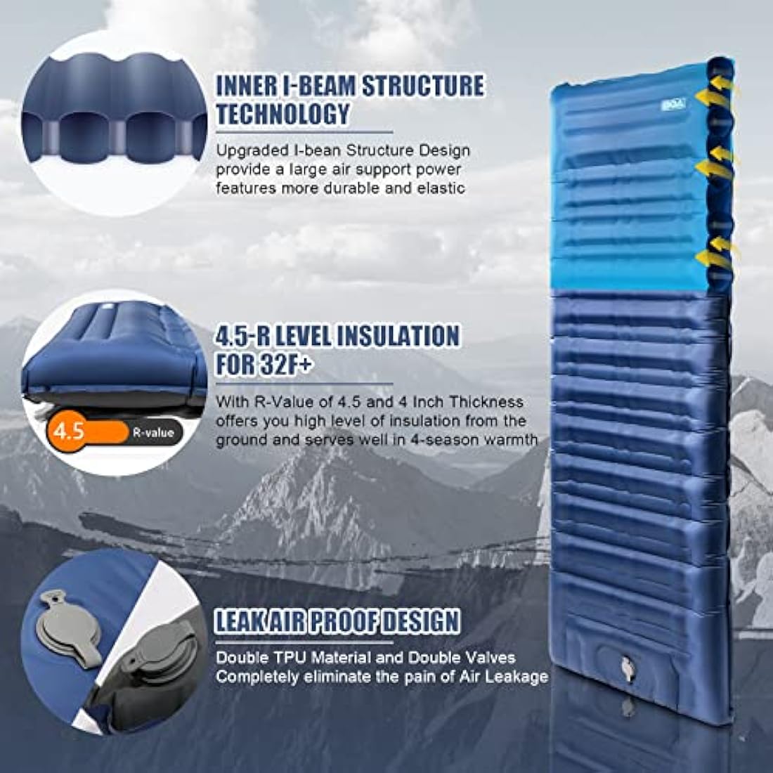 BQA Inflatable Sleeping Pad – 10cm Thick Ultralight Camping Air Mattress