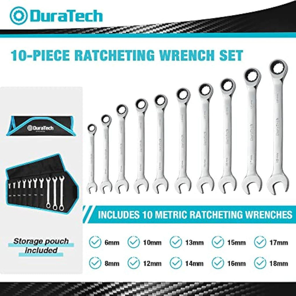 DURATECH 10-Piece Metric Ratcheting Wrench Set | 6-18mm Cr-V Steel