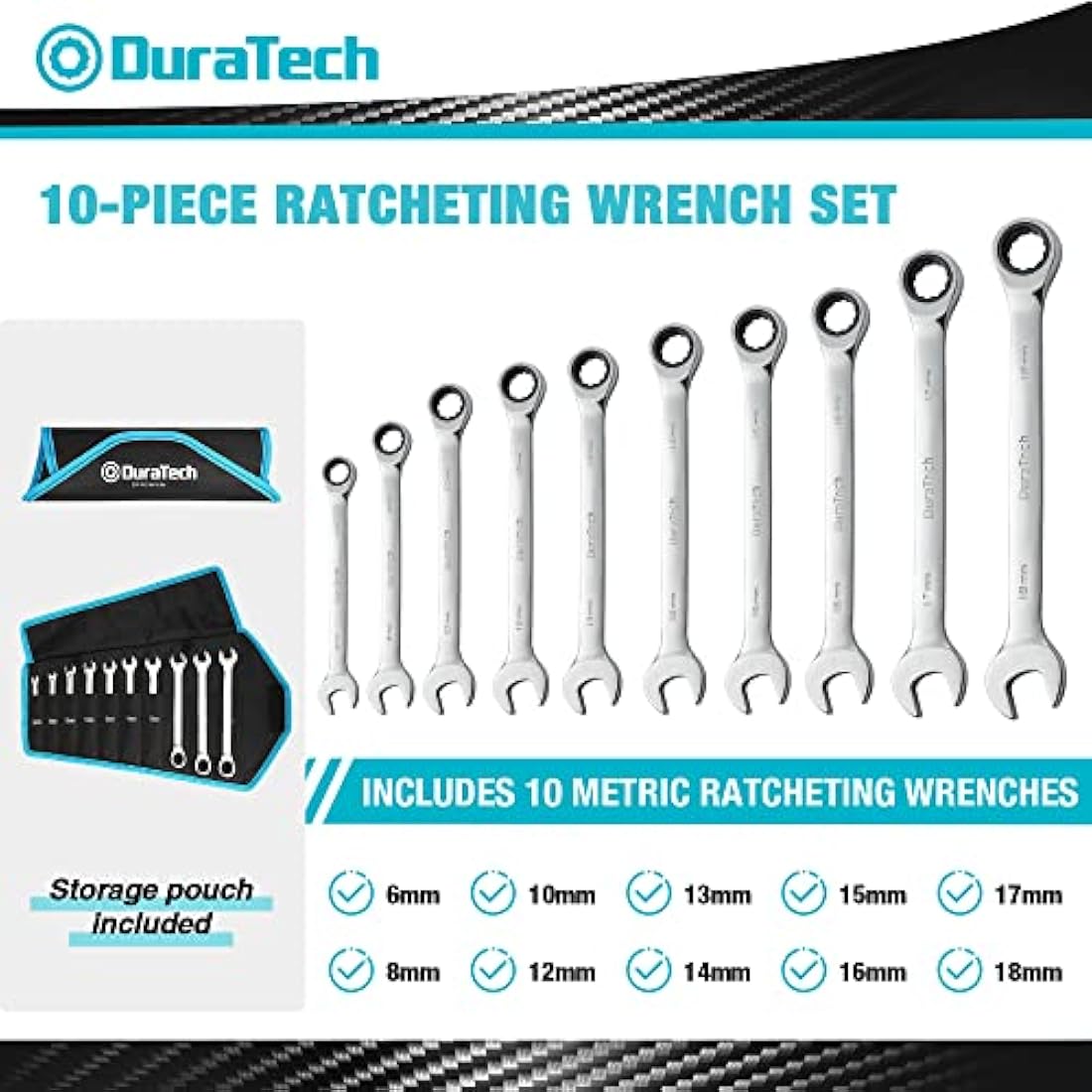 DURATECH 10-Piece Metric Ratcheting Wrench Set | 6-18mm Cr-V Steel