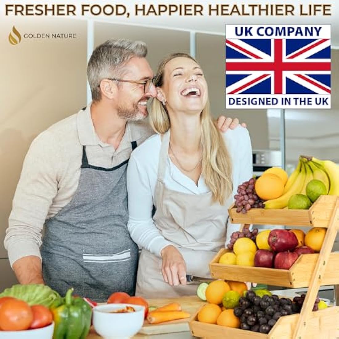 Golden Nature 3-Tier Bamboo Fruit Basket – Kitchen Countertop Organizer