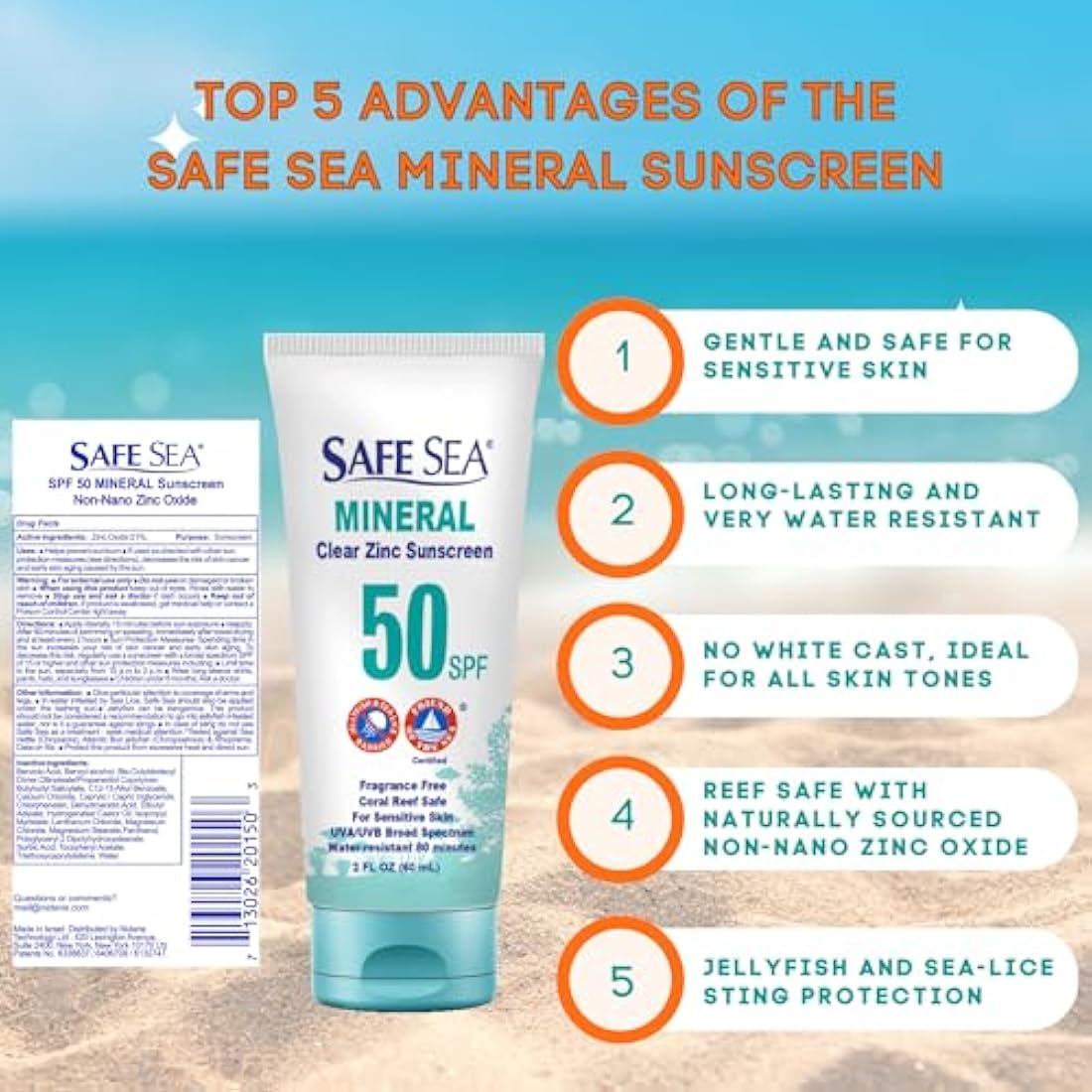 Safe Sea SPF 50 Zinc Oxide Mineral Sunscreen & Anti-Jellyfish Lotion
