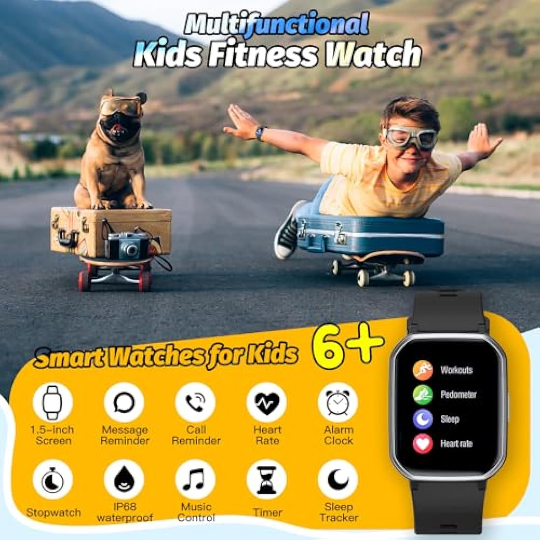Kids Smart Watch – IP68 Waterproof Fitness Tracker (Black)