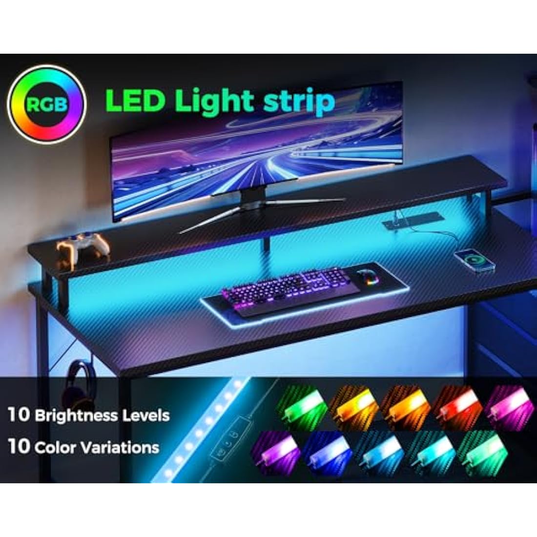 Coleshome Gaming Desk with LED Lights, Power Outlet & Drawers – 150cm