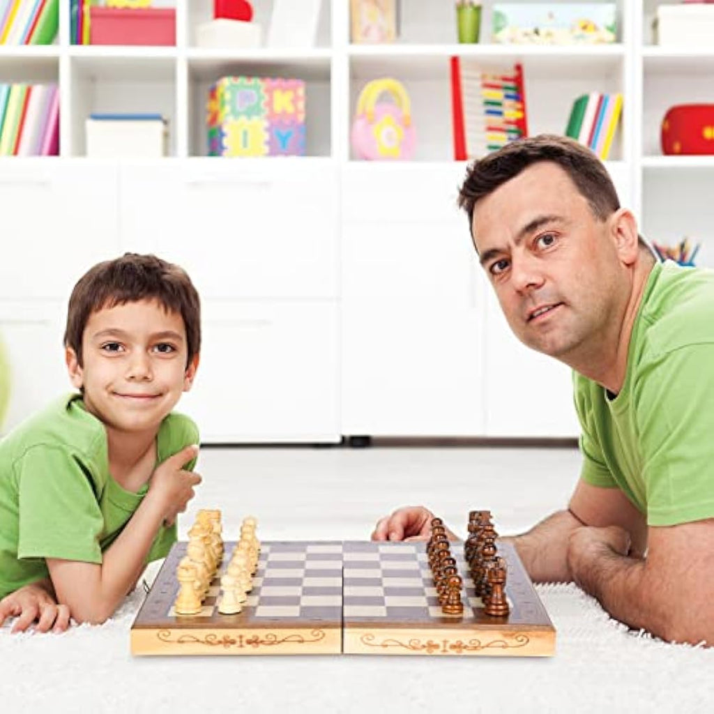 Magnetic Wooden Chess & Checkers Set – 15.74" Foldable Board