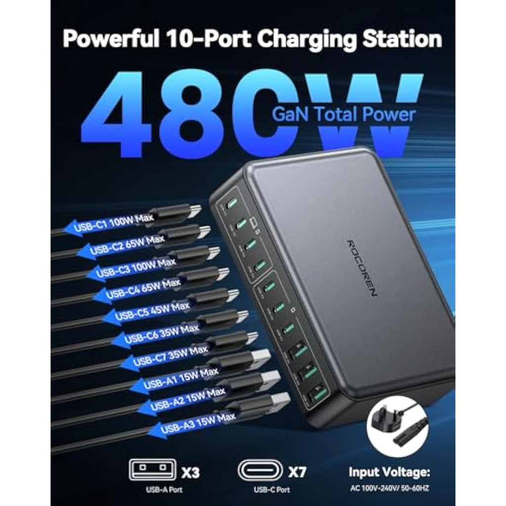 Rocoren 480W GaN USB C Charger – 10-Port Multi-Laptop Charging Station