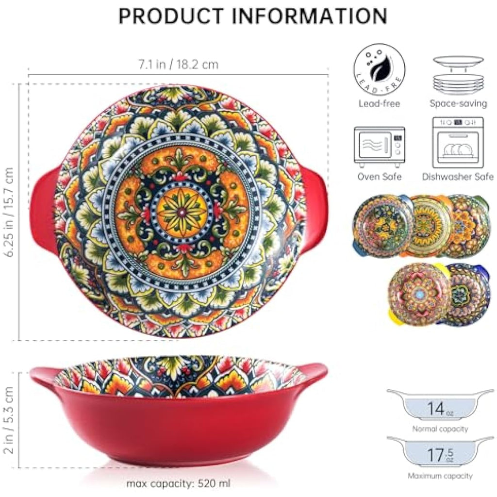 Henten Home Bohemian Ceramic Bowls Set - 6pc Colorful Porcelain with Handles