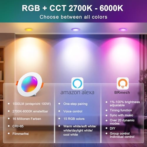 VARICART Smart LED Downlights | 10W RGB CCT Alexa Dimmable IP44 | 6 Pcs
