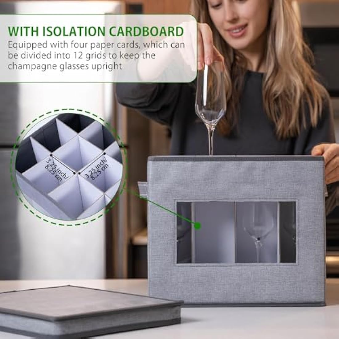 VENO Champagne Flute Storage Box | 12 Glass Organizer with Dividers | 2 Pack