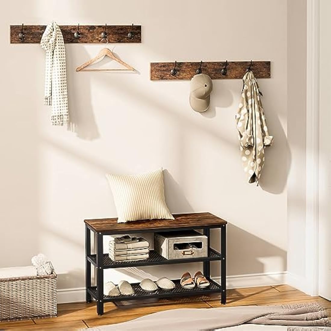 HOOBRO Industrial Hall Tree with Shoe Bench - Rustic Brown Coat Rack