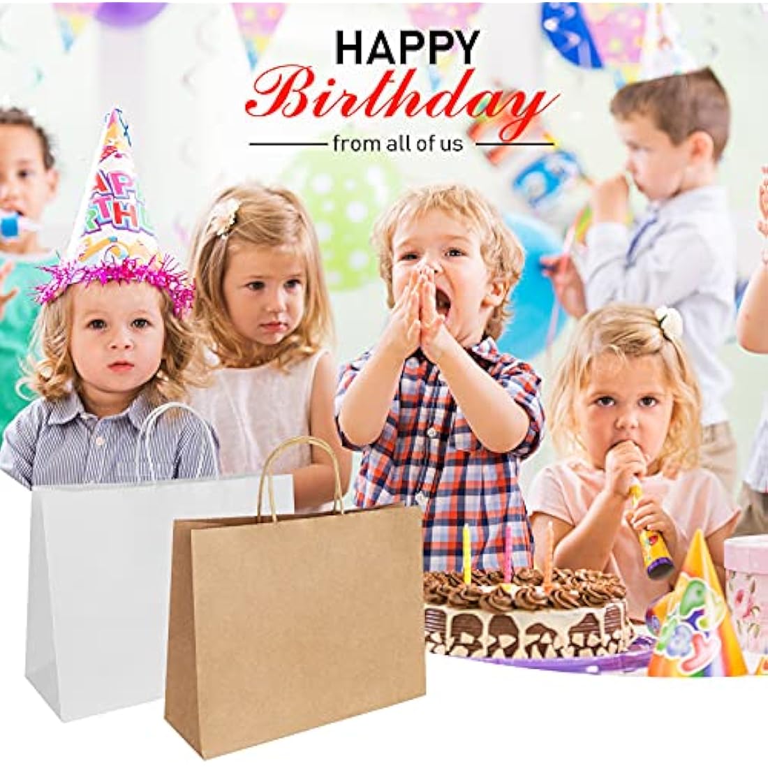 Weifeng 20pcs Large Black Kraft Paper Gift Bags with Handles - 30x12x23cm