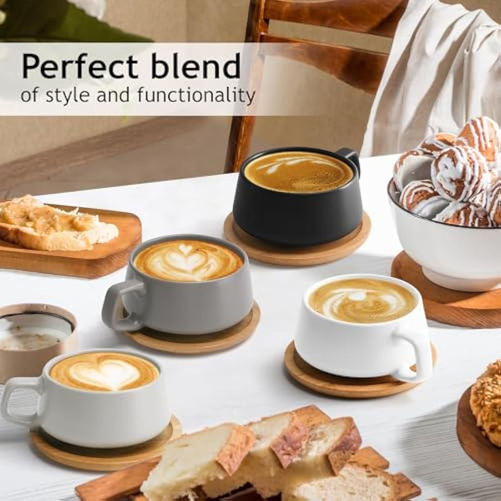 MIAMIO Ceramic Coffee Cup Set with Bamboo Saucers - 320ml Luxe Collection