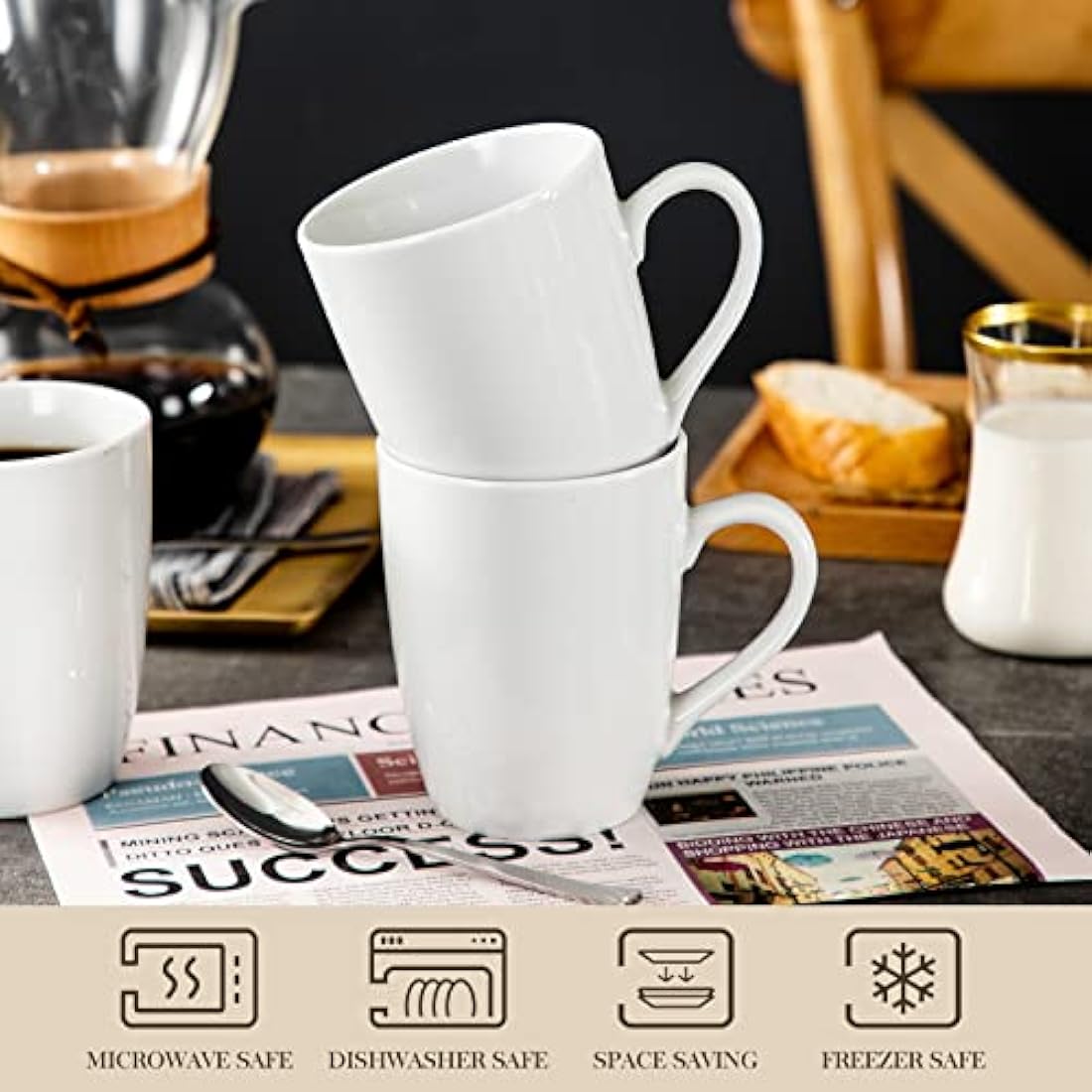 MALACASA Elisa 6-Piece Porcelain Coffee Mug Set | 340ML Ivory White