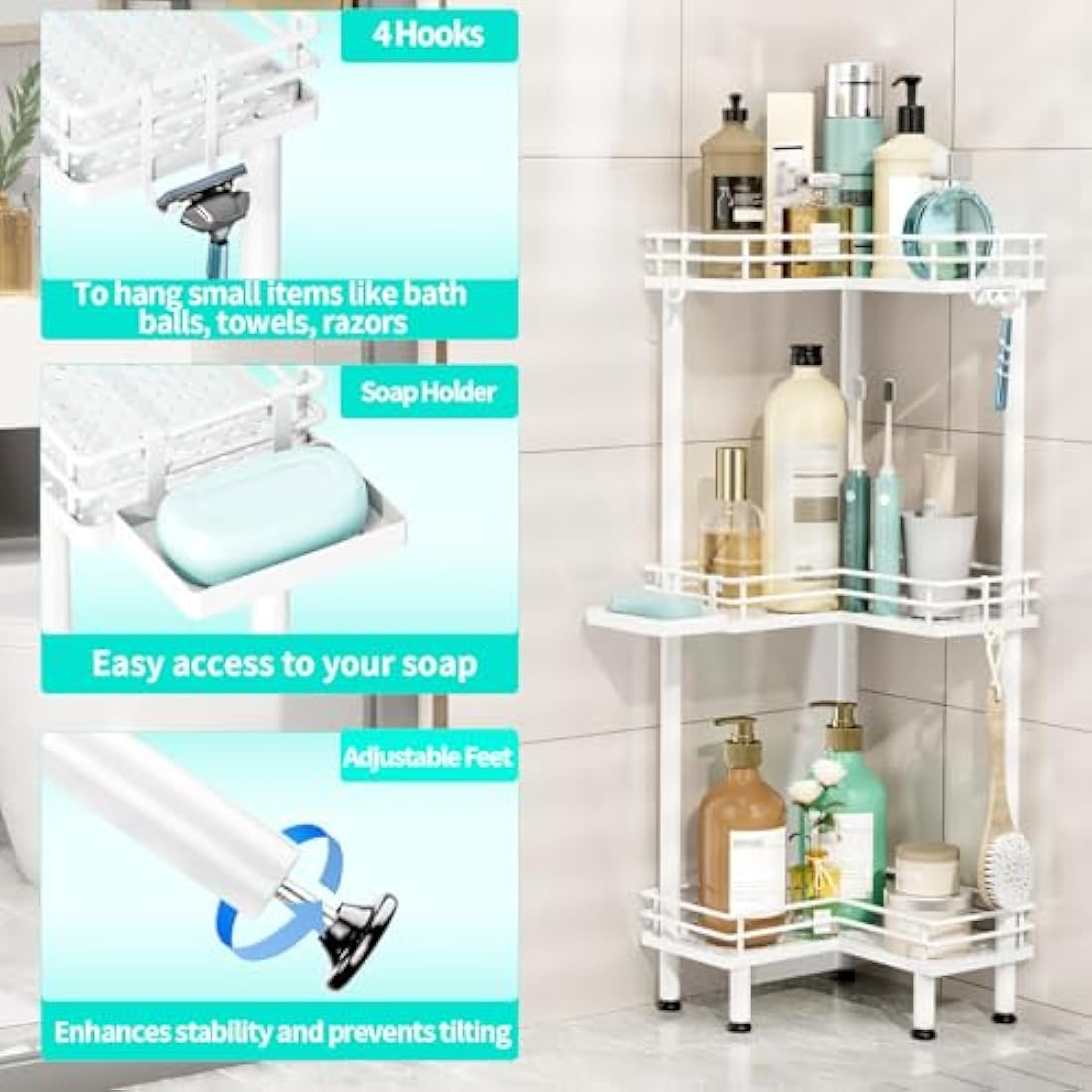 HapiRm 3-Tier Corner Shower Caddy | Stainless Steel Freestanding Storage