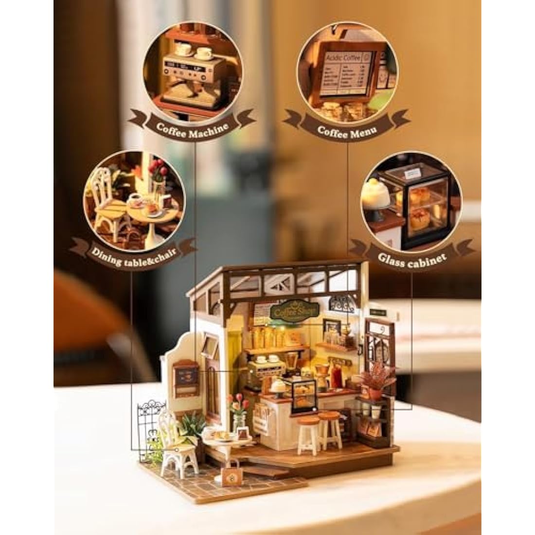 ROWOOD DIY Miniature Coffee House Kit – Wooden Dollhouse Model with Lights