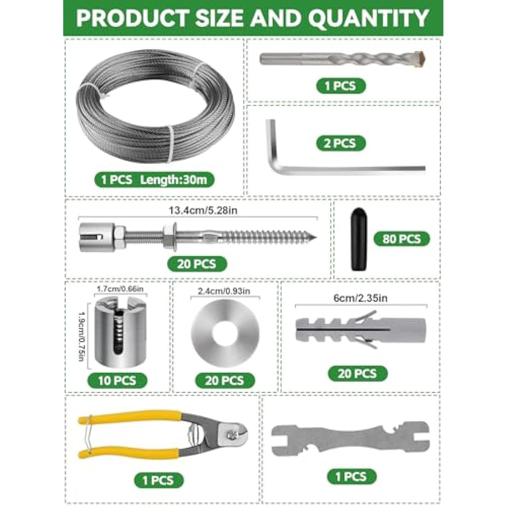 Kalolary 30M Stainless Steel Garden Wire Trellis Kit for Climbing Plants
