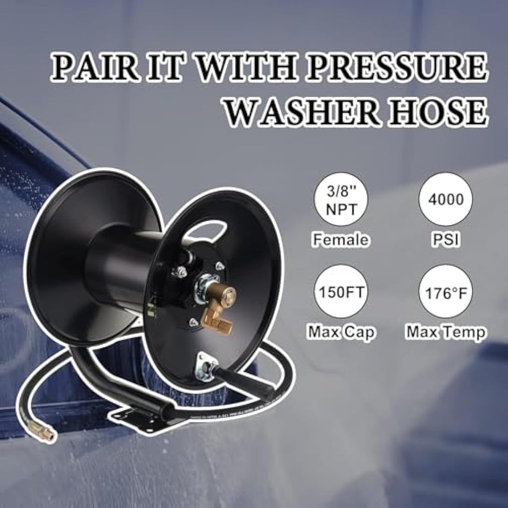 M MINGLE Heavy Duty Steel Pressure Washer Hose Reel, 150ft, 4000 PSI