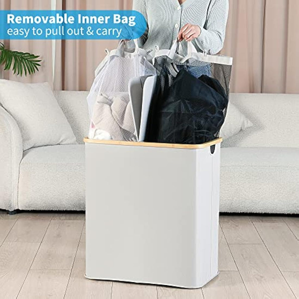 efluky 140L Double Laundry Basket with Lid - Bamboo & Linen Hamper
