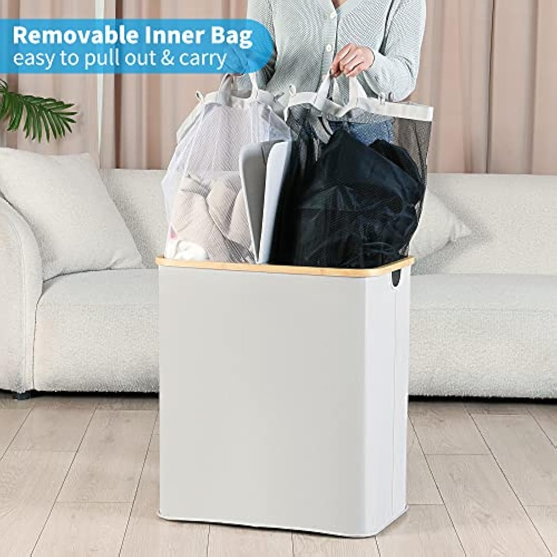 efluky 140L Double Laundry Basket with Lid - Bamboo & Linen Hamper