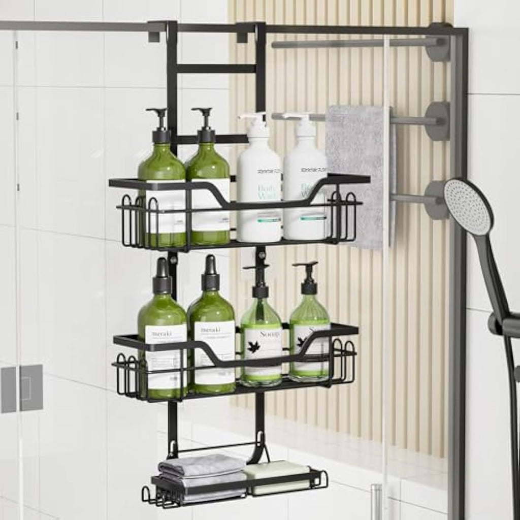 3-Tier Over Door Shower Caddy – Black Stainless Steel Rack