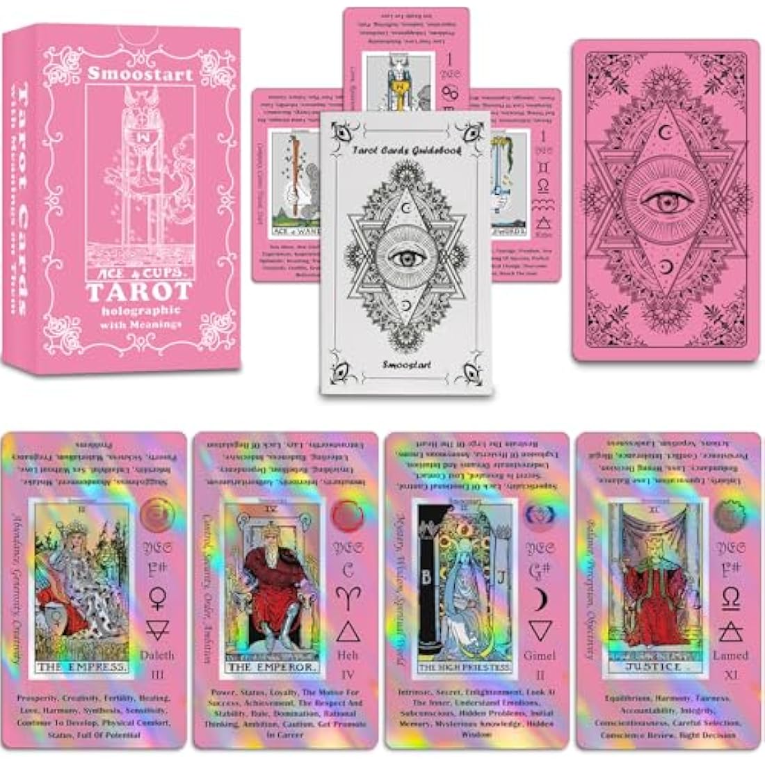 Smoostart Pink Holographic Tarot Cards Deck with Meanings for Beginners