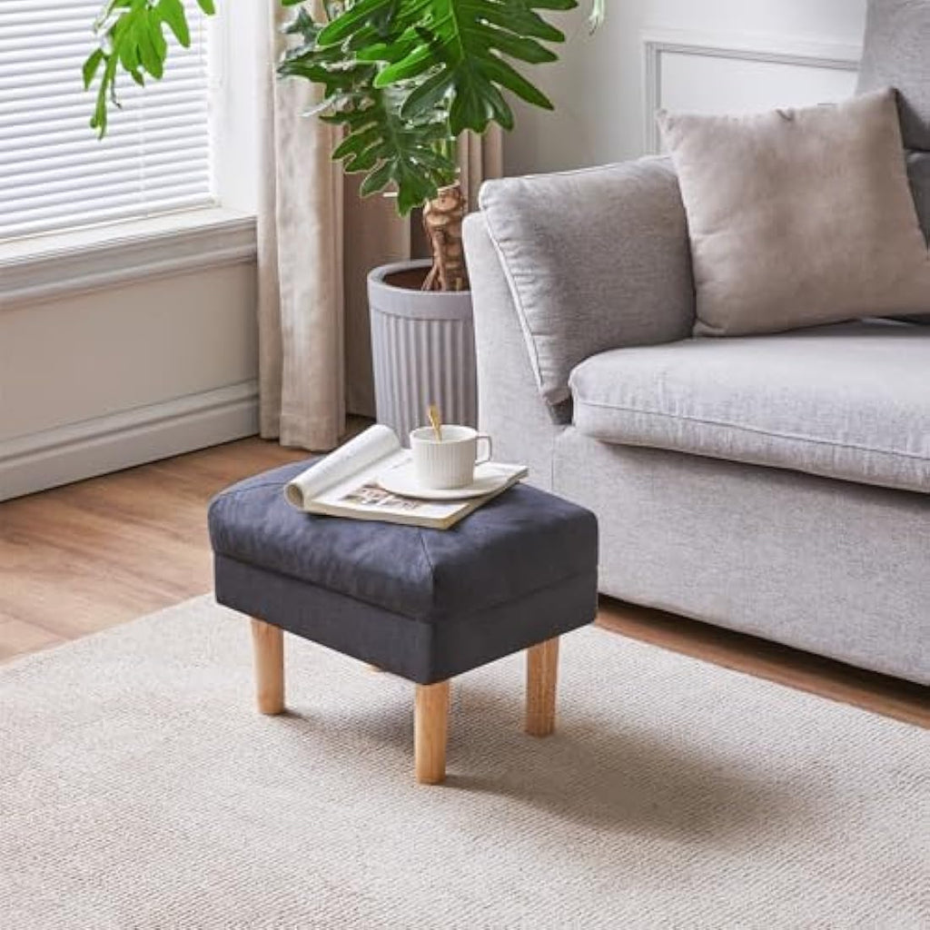 Small Ottoman Footstool – Padded Wooden Stool, Dark Grey