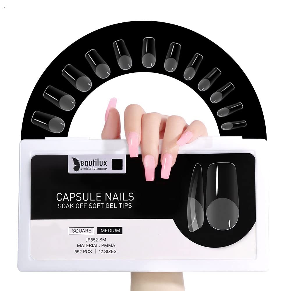 Beautilux Medium Square Gel Nail Tips - 552 Pcs Full Cover Acrylic Tips