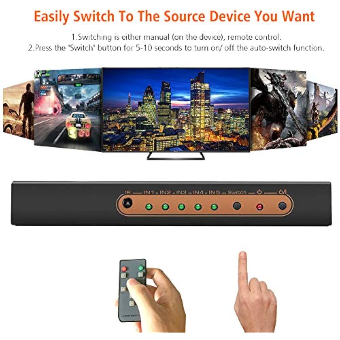 Sense Hometek 5-Port HDMI Switch 4K 60Hz with Remote | HDCP 2.2