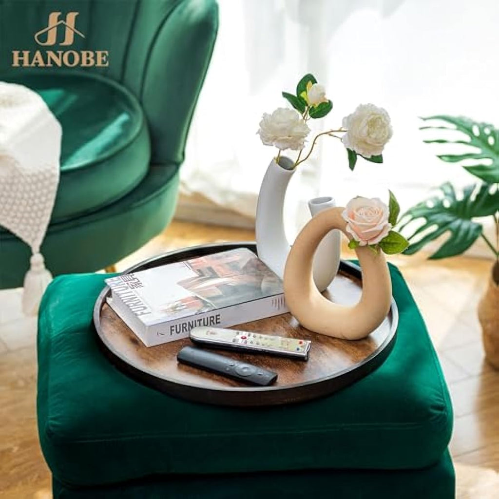 Hanobe 45cm Round Wooden Serving Tray – Rustic Ottoman Coffee Table Decor