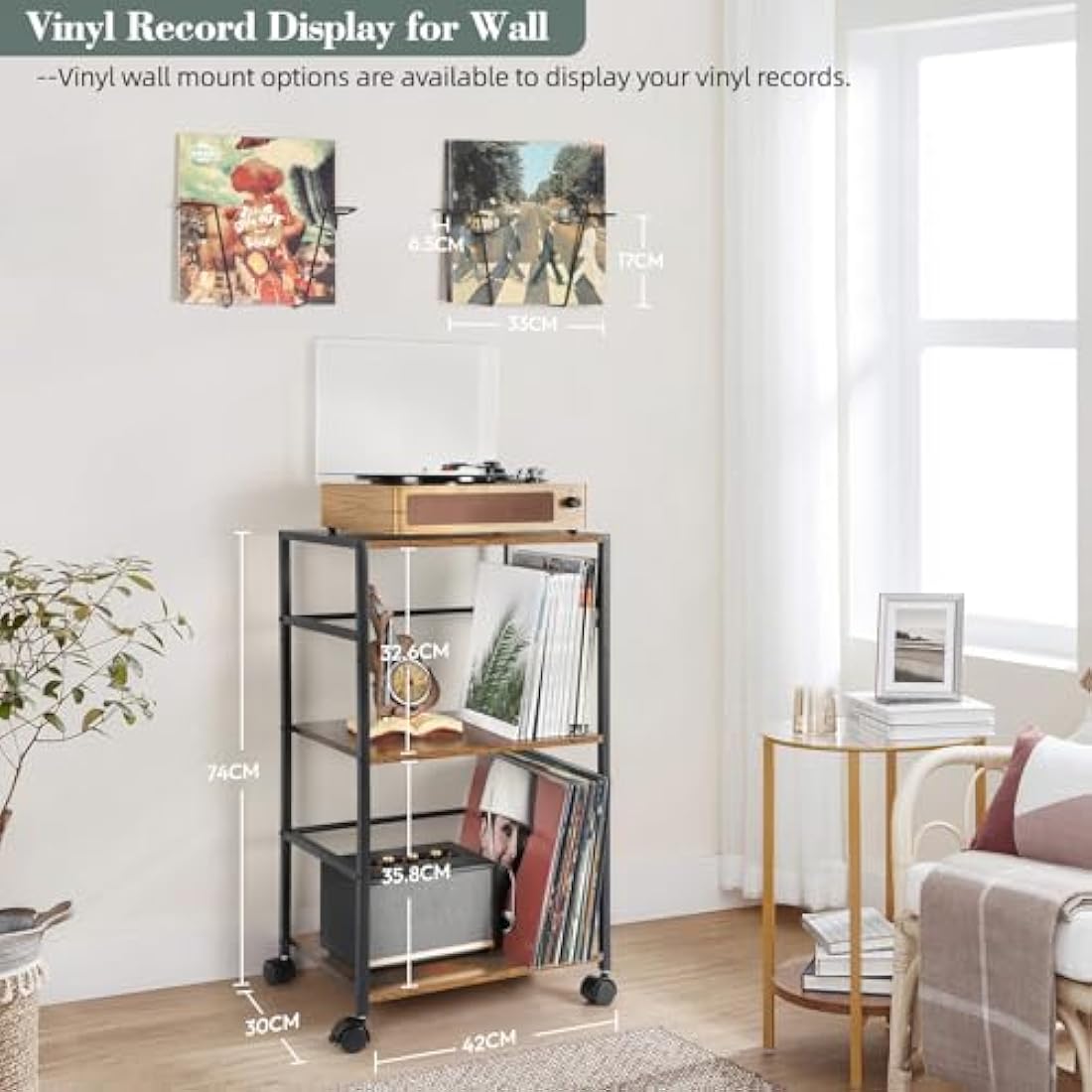 Bikoney Vinyl Record Storage – Rolling Turntable Stand with 3-Tier Shelves