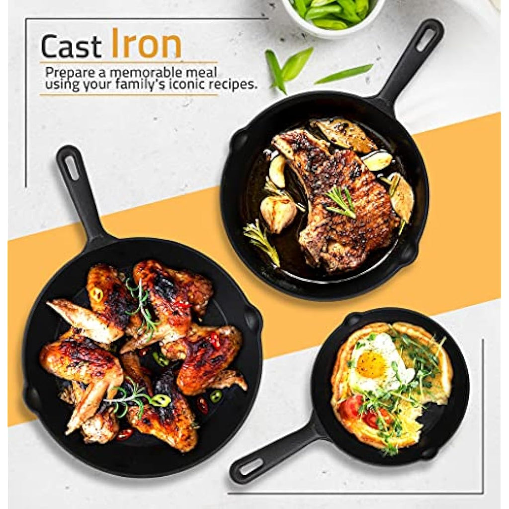 KICHLY Pre-Seasoned Cast Iron Skillet Set - 6, 8, 10 Inch Frying Pans