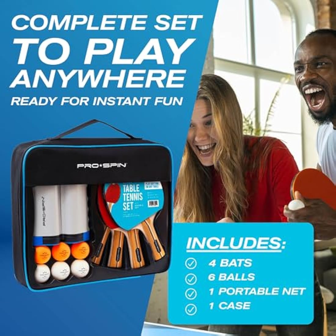PRO SPIN Portable Table Tennis Set – Retractable Net, Bats & 3-Star Balls