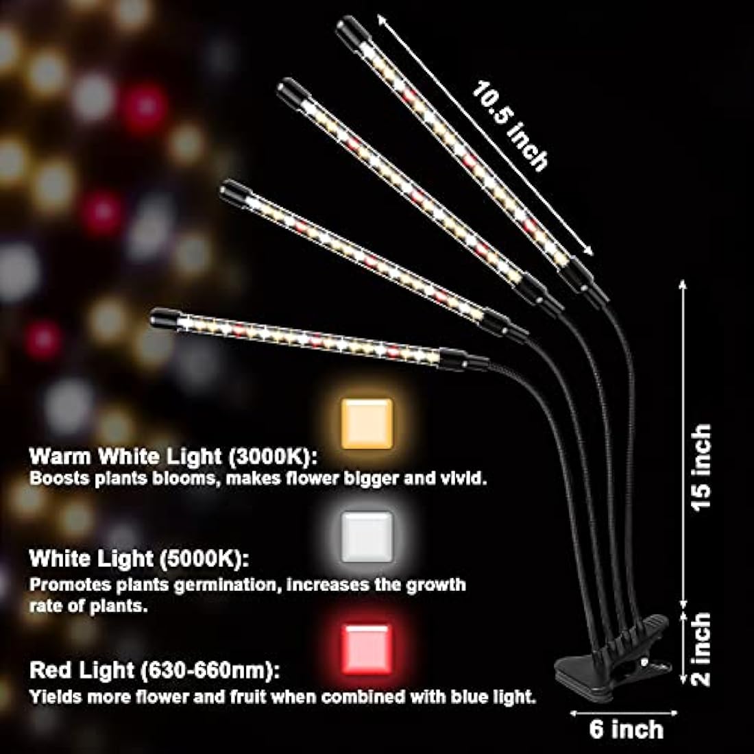 Garpsen Full Spectrum LED Grow Light - 4-Head Plant Lamp with Timer
