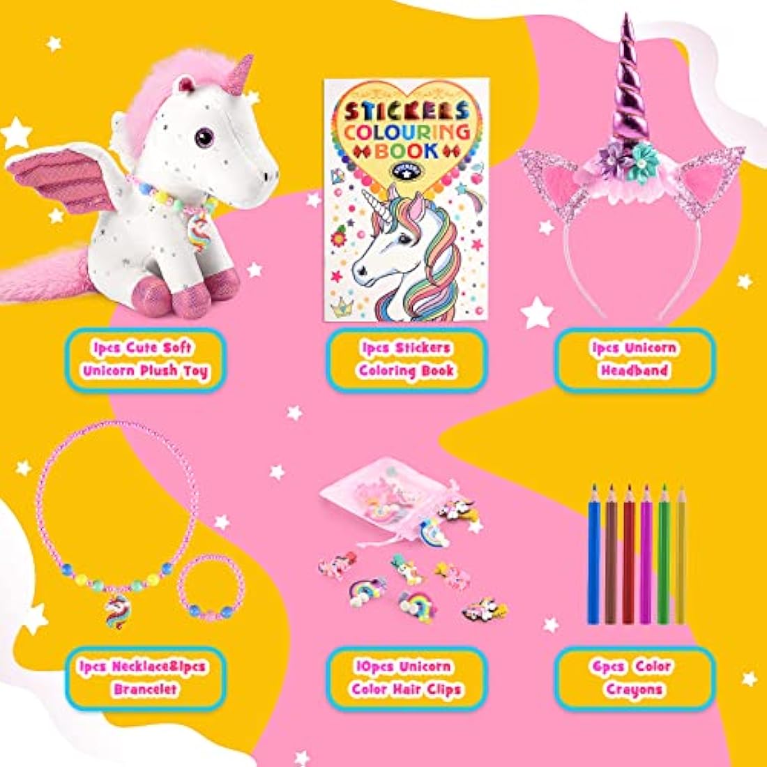 Unicorn Plush Toy Set with Coloring Book for Girls Age 3-8