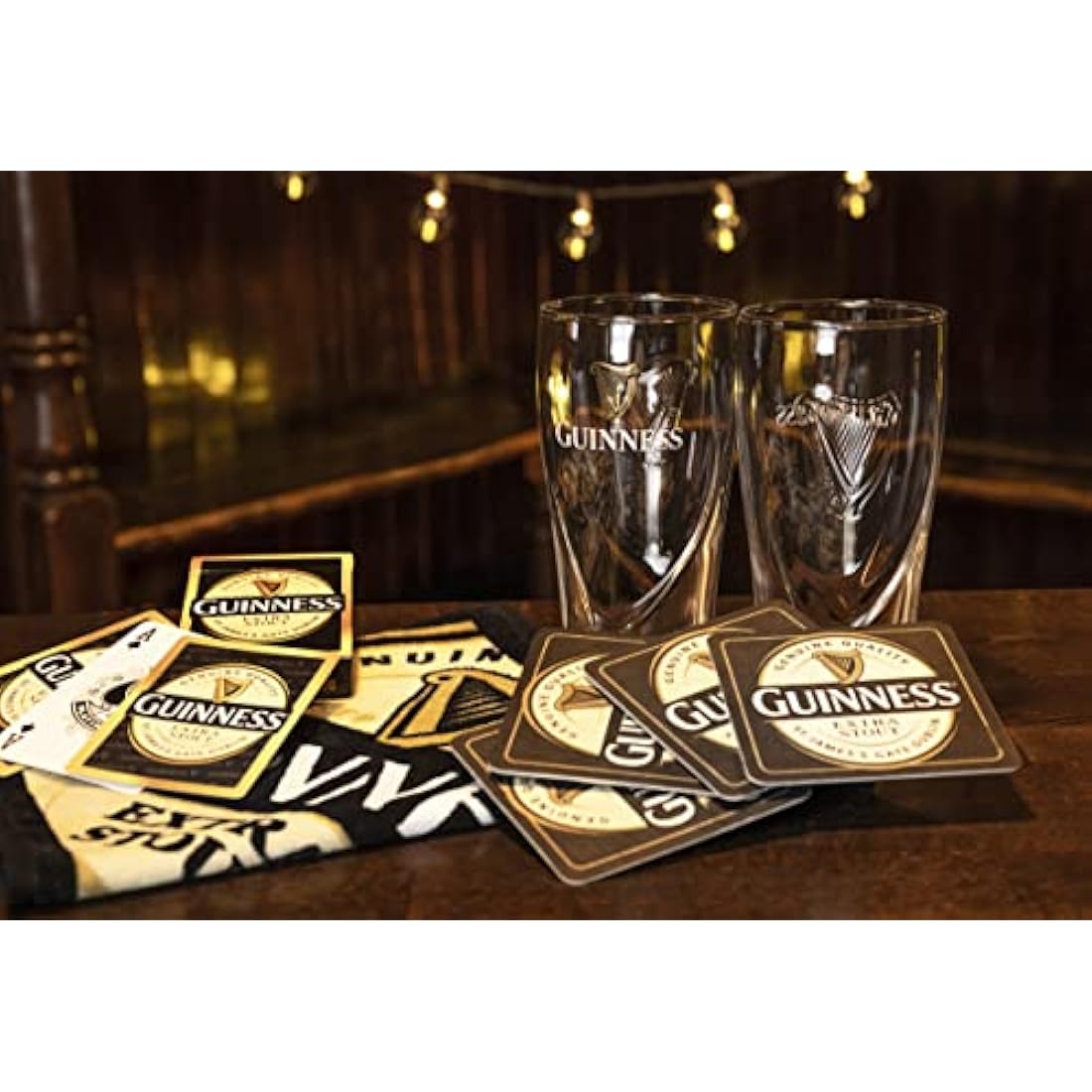 Guinness Home Bar Set – Gravity Pint Glasses, Bar Towel & Playing Cards