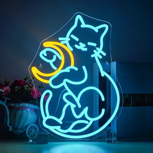 Horseneon Cat and Moon Neon Sign | Dimmable LED Wall Decor for Bedroom