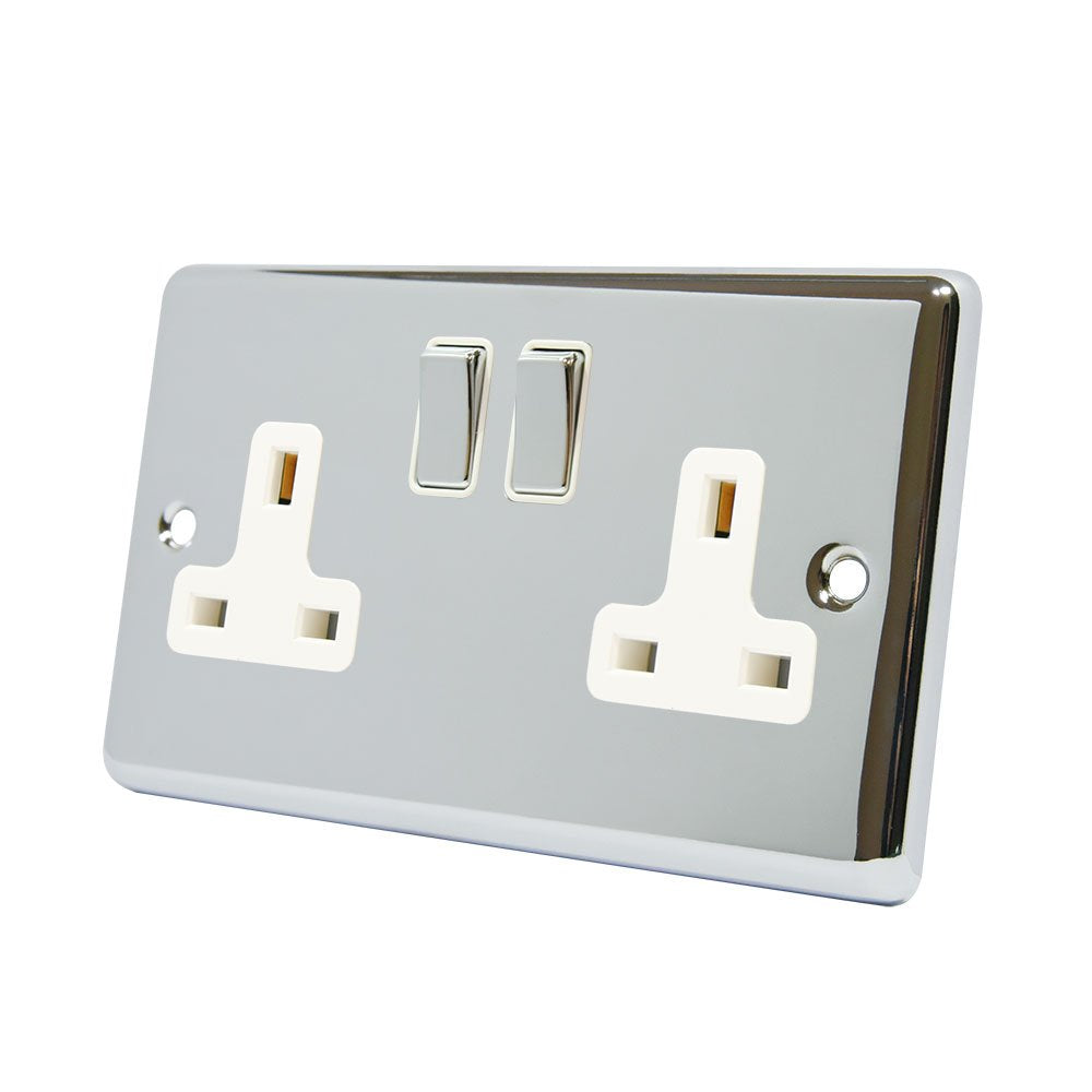 Polished Chrome 2 Gang 13A Double Plug Socket - White Insert
