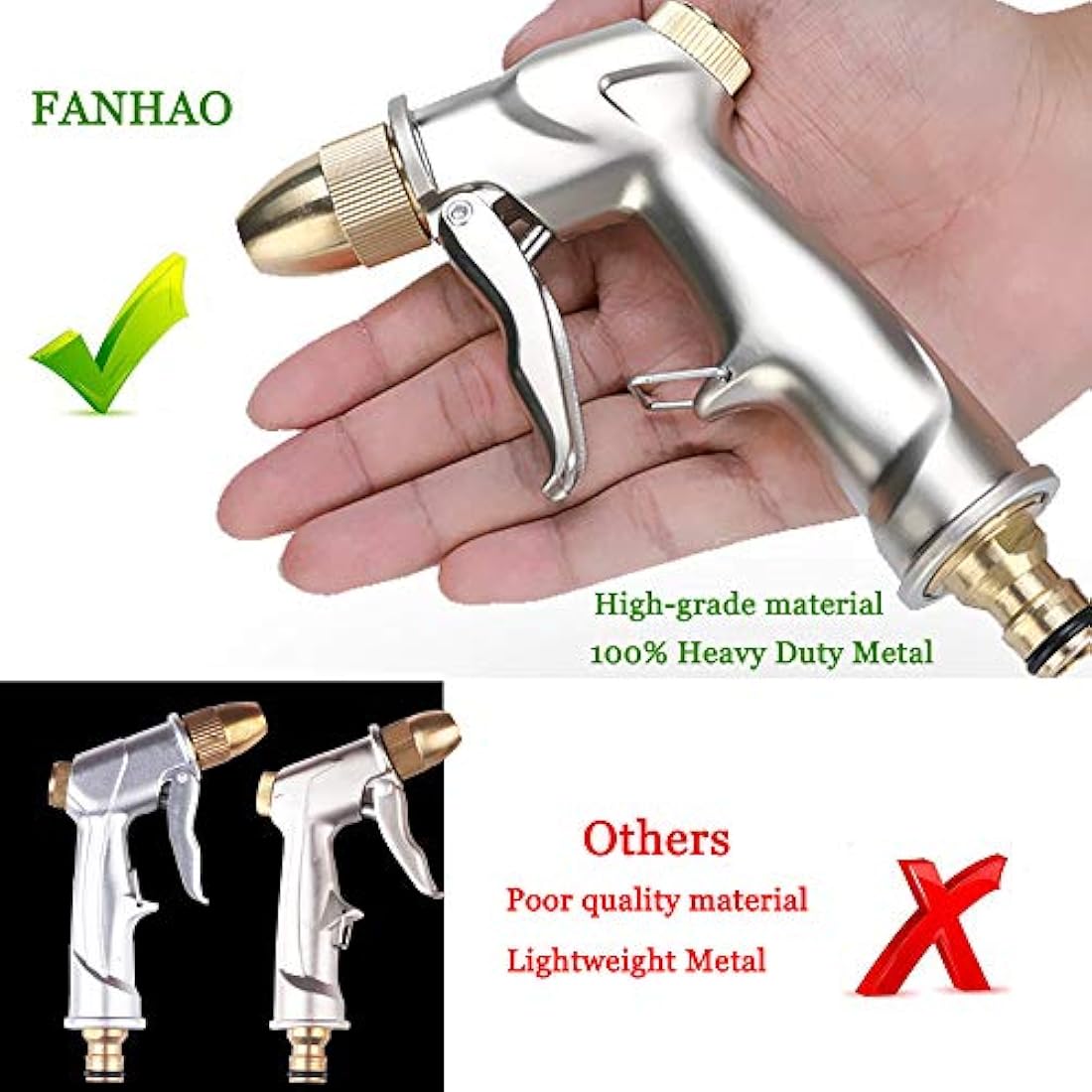 FANHAO Heavy Duty Metal Garden Hose Spray Gun | High Pressure Brass Nozzle