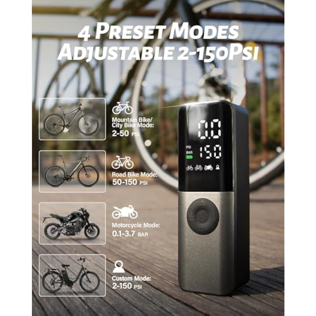 GPUTEK Electric Bike Pump | 150PSI Portable Tire Inflator with Digital Gauge