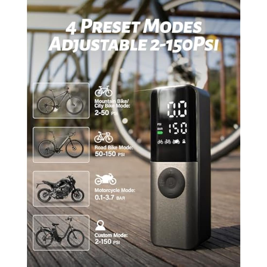 GPUTEK Electric Bike Pump | 150PSI Portable Tire Inflator with Digital Gauge