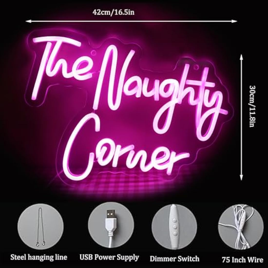 QiaoFei The Naughty Corner LED Neon Sign | Pink USB Wall Decor for Bars