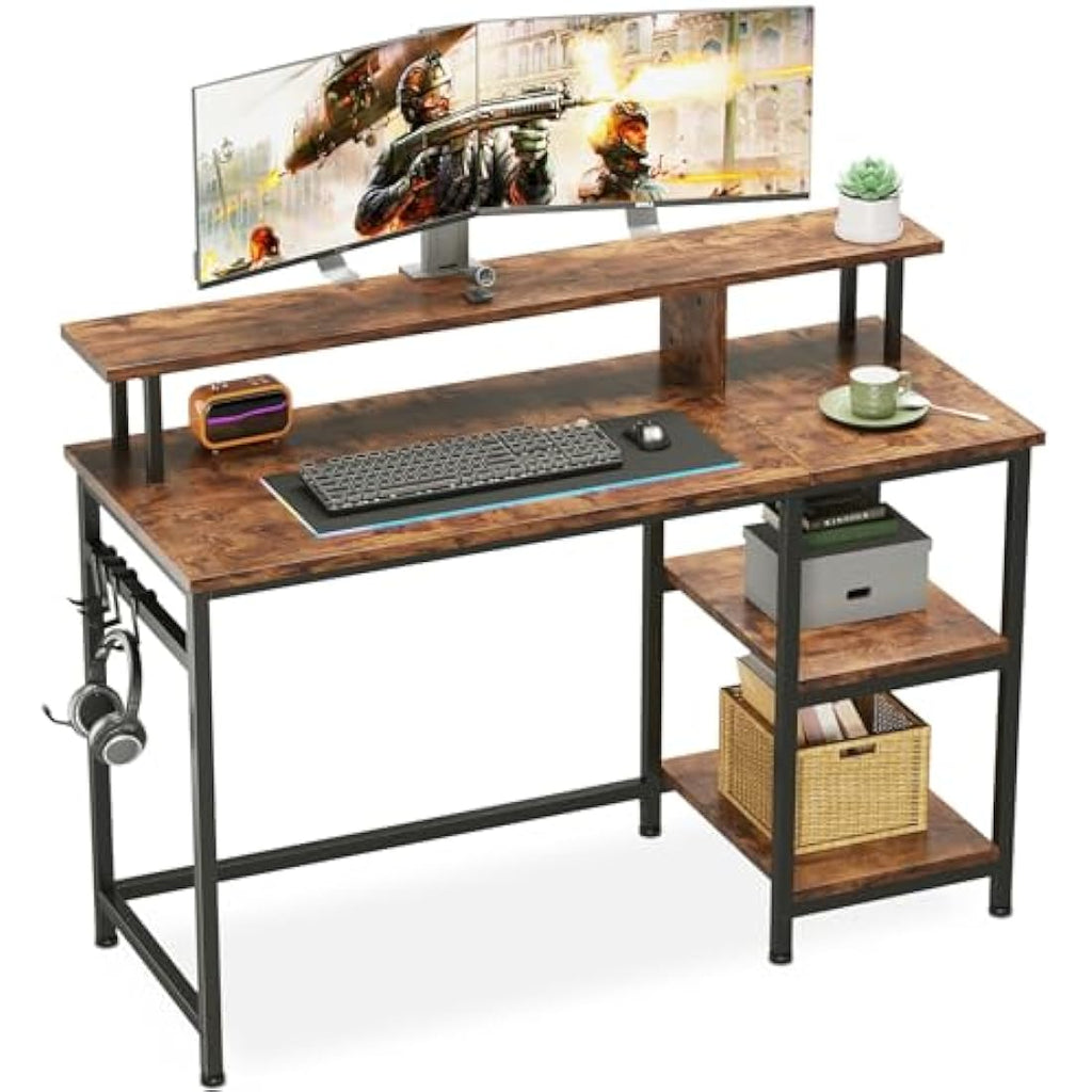 Dripex Computer Desk with Dual Monitor Stand & Shelves - Rustic Brown
