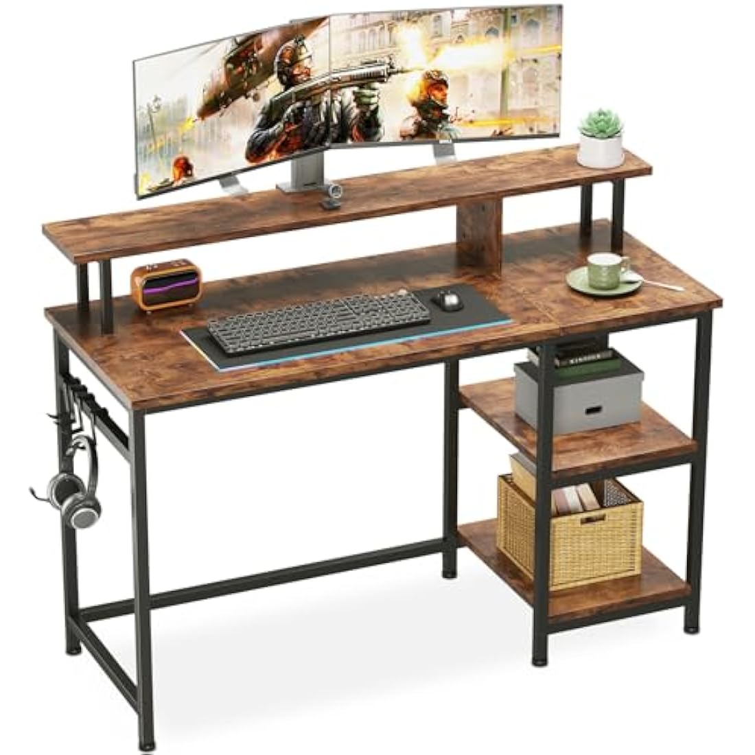 Dripex Computer Desk with Dual Monitor Stand & Shelves - Rustic Brown