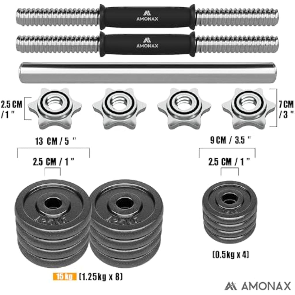 Amonax Cast Iron Adjustable Dumbbells & Barbell Set - 20kg/30kg