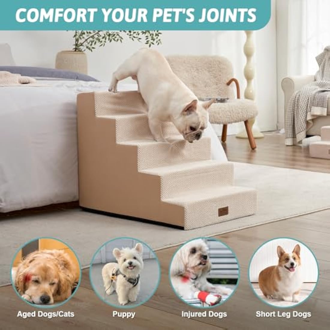 COZY KISS 5-Tier Wide Foam Dog Stairs | Non-Slip Pet Steps for High Beds