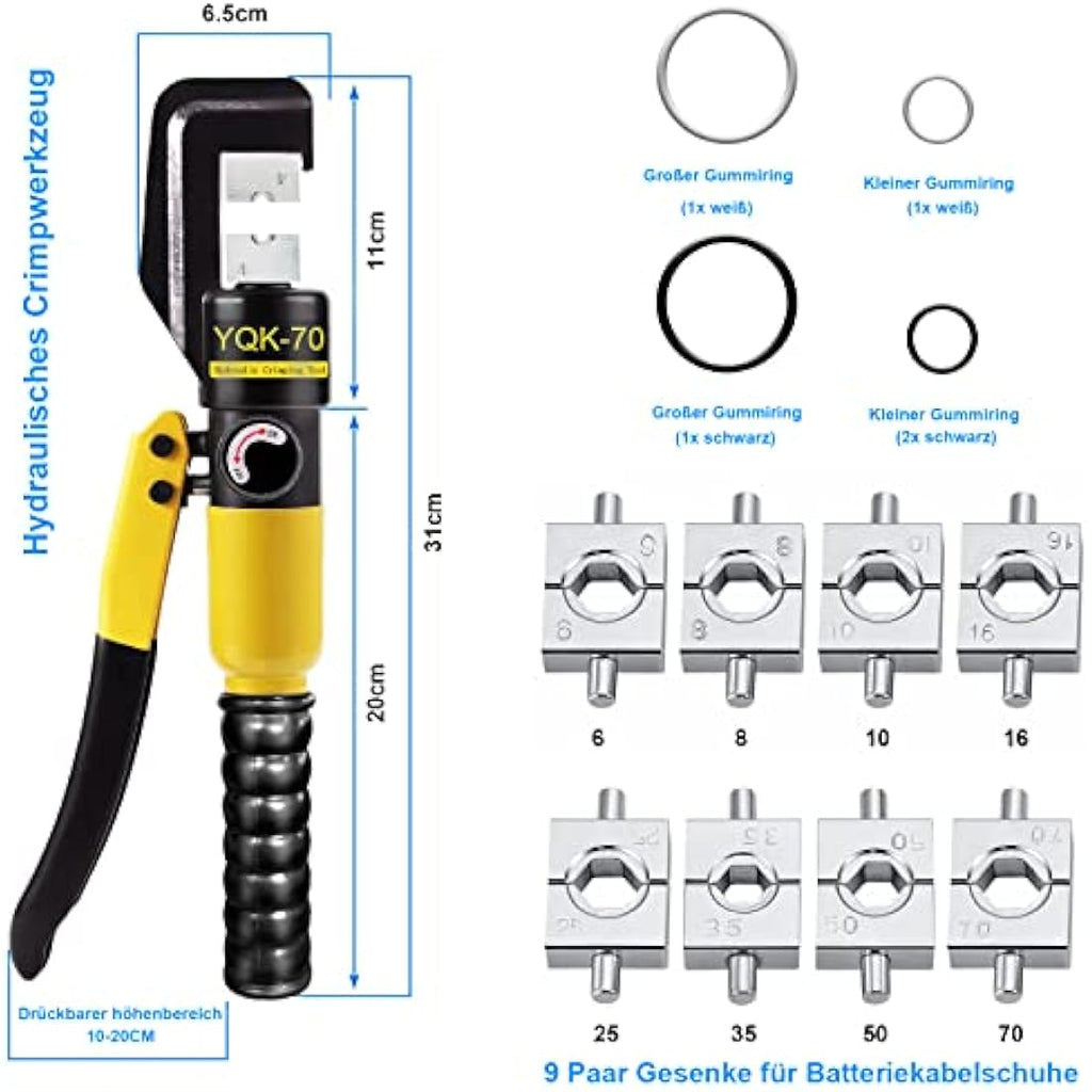 Solsop Hydraulic Crimping Tool | 4-70mm² Cable Lug Crimper with 9 Dies