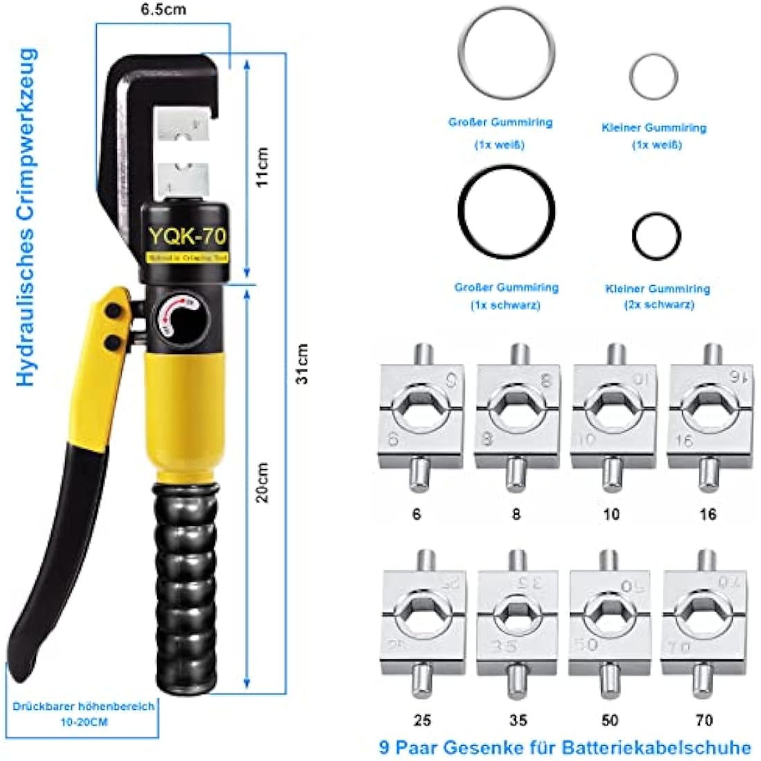 Solsop Hydraulic Crimping Tool | 4-70mm² Cable Lug Crimper with 9 Dies