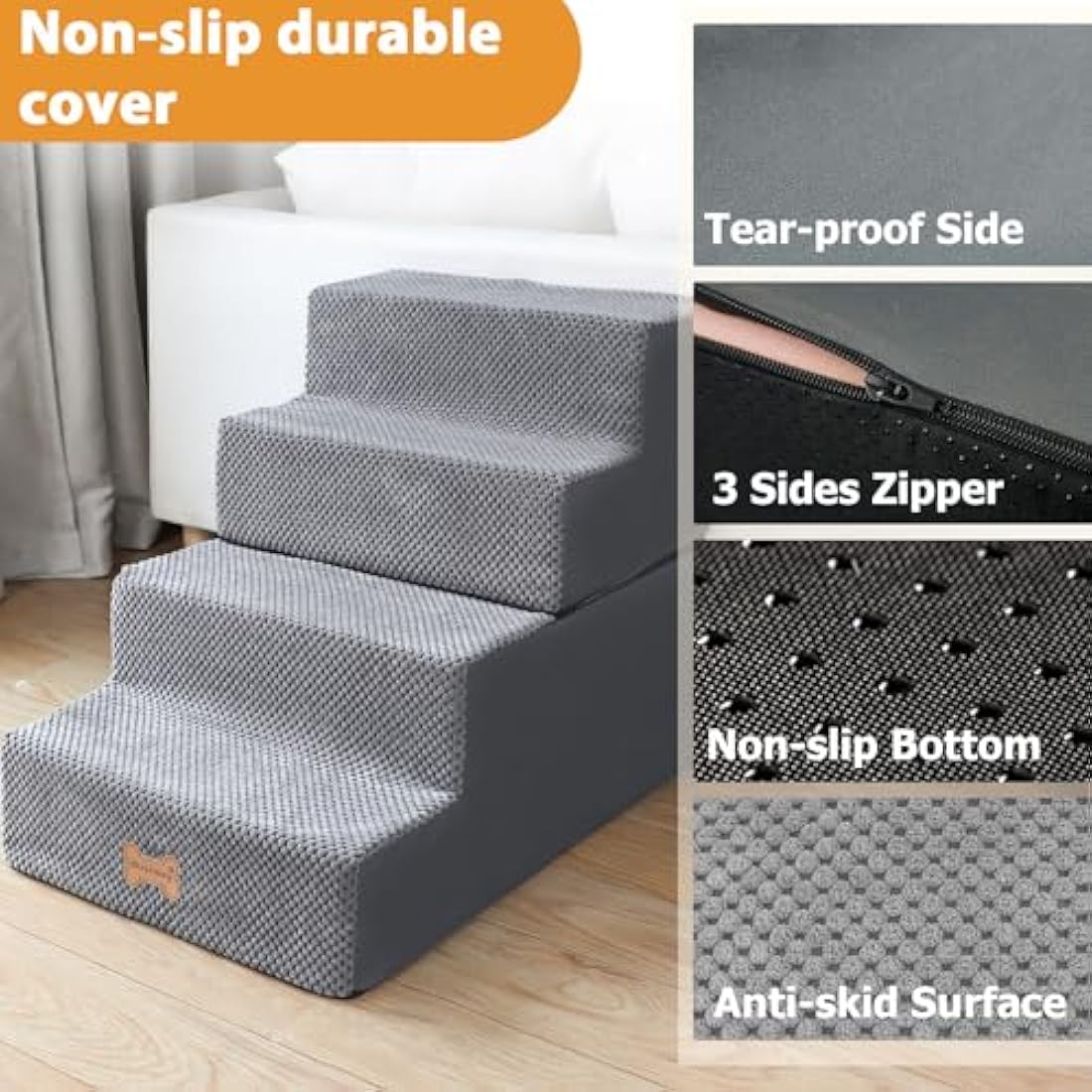 Nepfaivy 4-Step Foam Dog Stairs – Non-Slip Pet Steps for High Beds