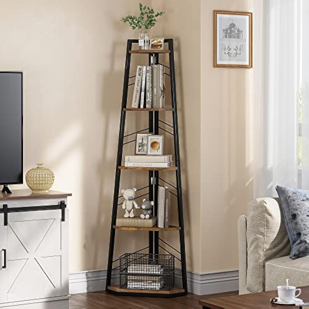 YITAHOME 5-Tier Corner Bookshelf - Industrial Wooden Ladder Display Shelf